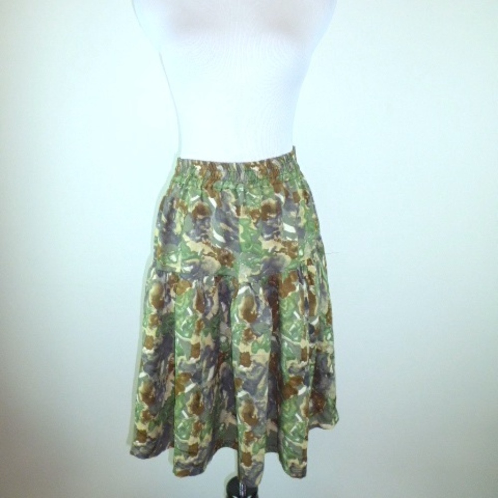 HARARI camo print green brown 100% SILK tiered midi SKIRT One Size osfa vintage